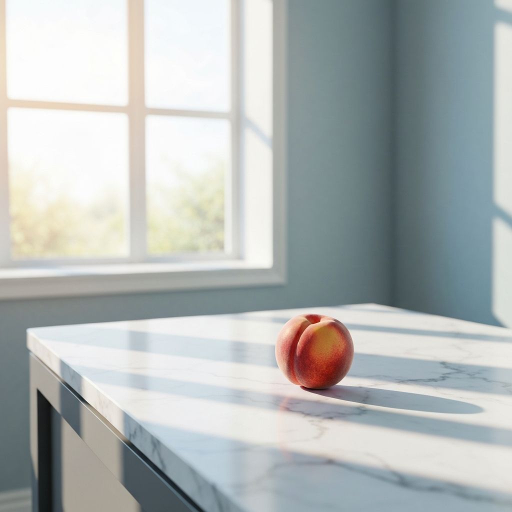 Serene marble counter with single perfect fruit demonstrating recovery